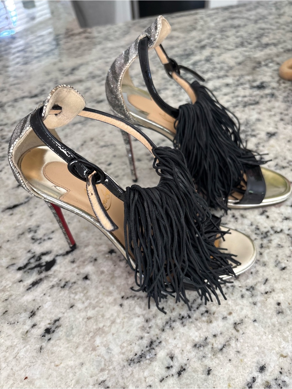 Christian Louboutin Black Fringe Metallic Silver Sandals